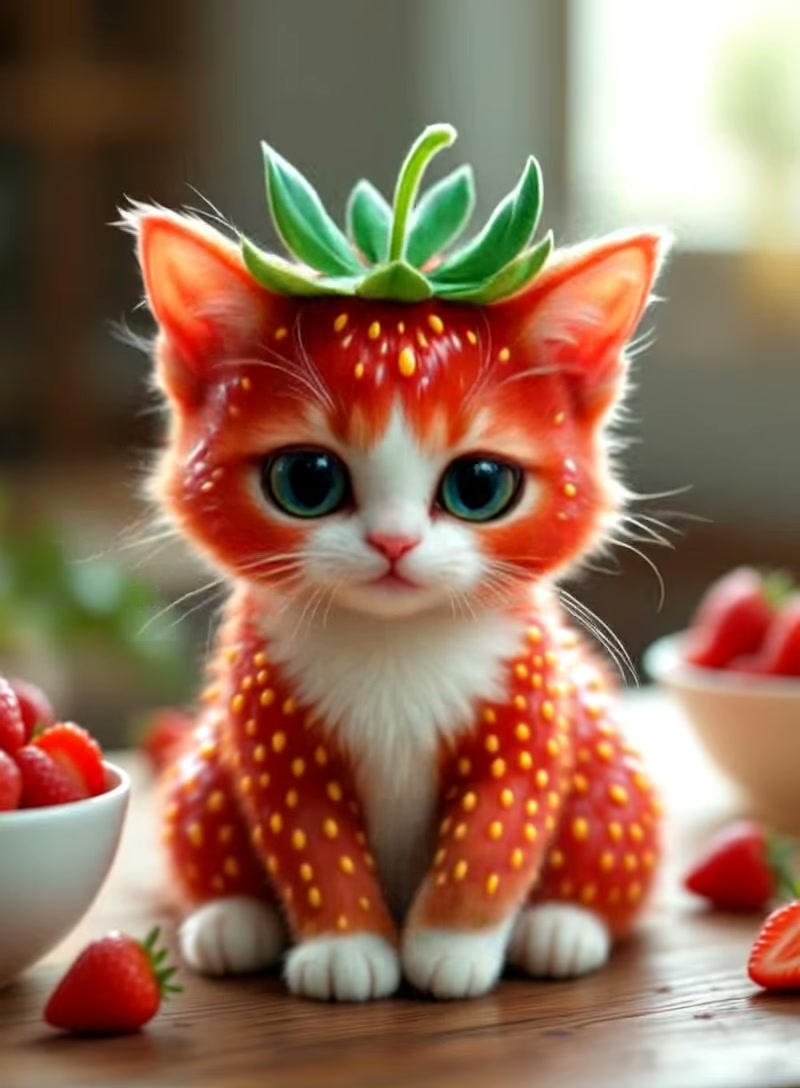 Adorable fantasy strawberry kitten with a leaf crown sits on a wooden table surrounded by fresh s...