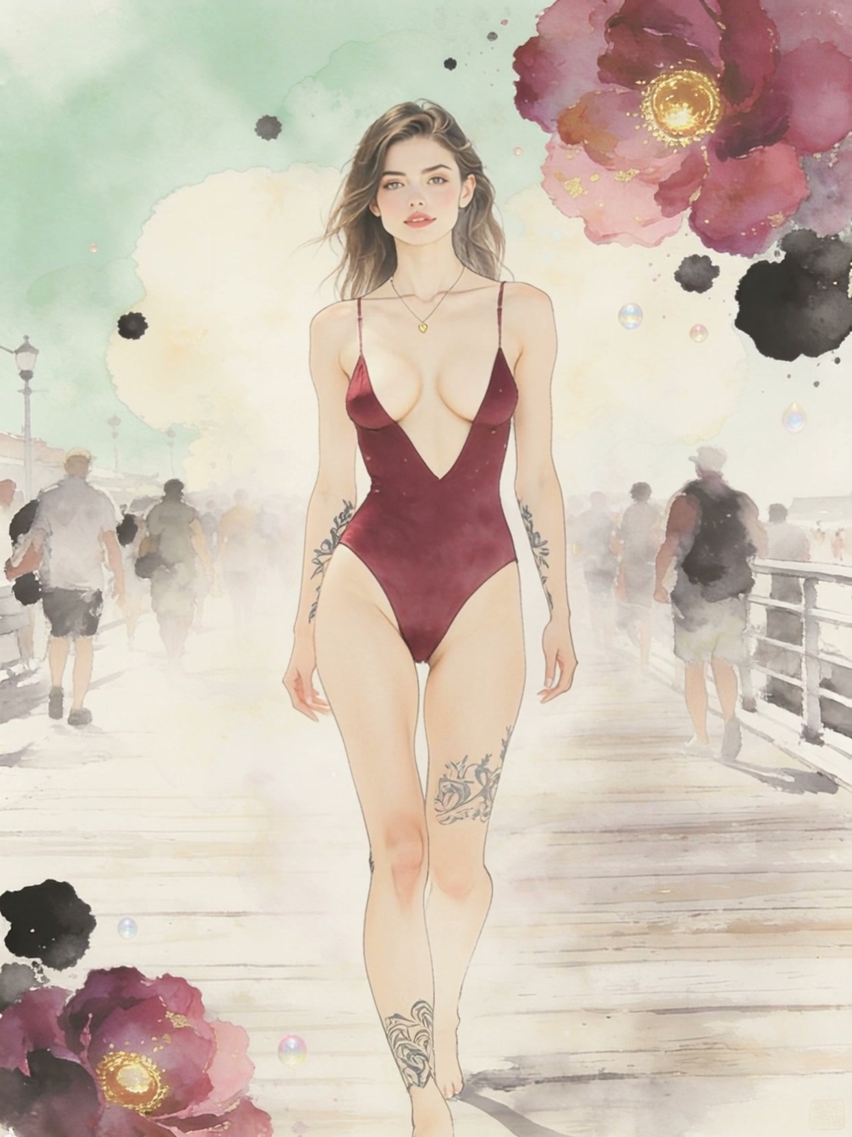 Watercolor illustration of tattooed woman in maroon swimsuit walking on a beach boardwalk framed ...