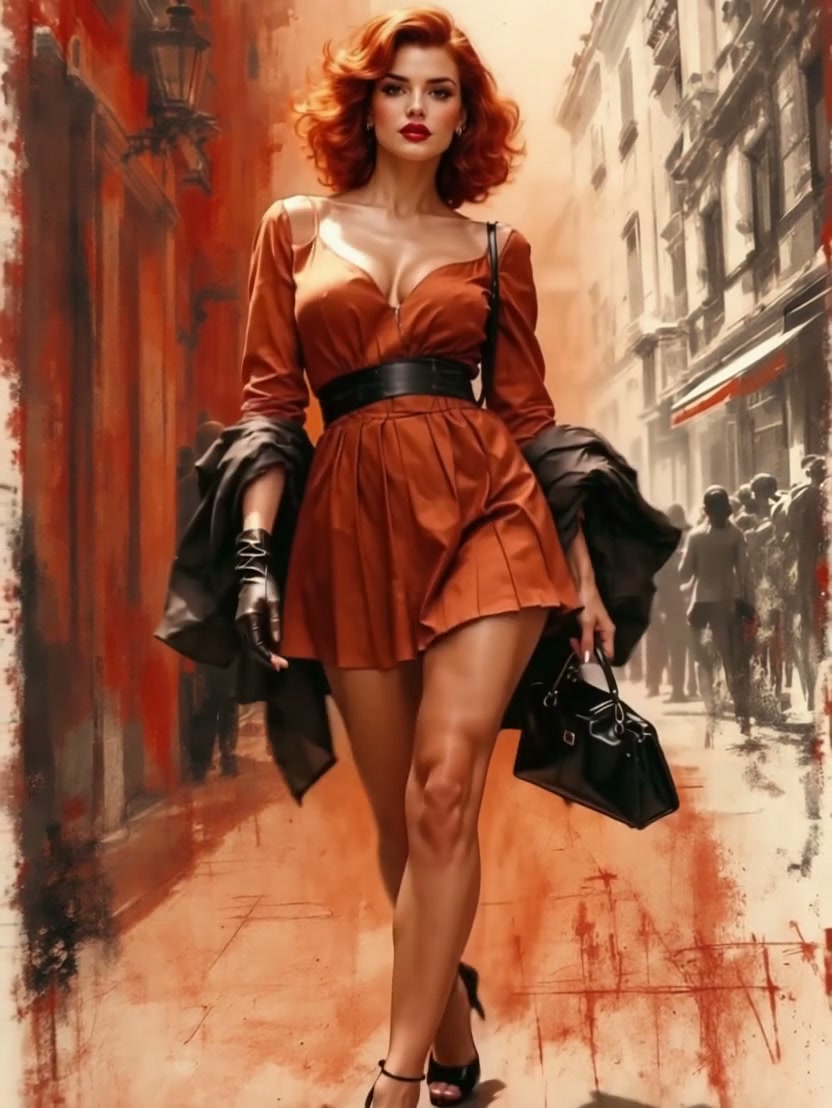 Stylized painterly portrait of a glamorous red-haired woman in a rust mini dress walking down a h...