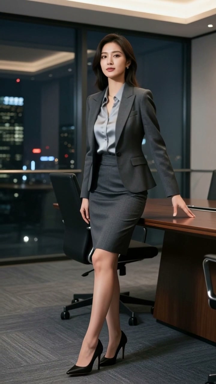 Confident professional woman in a grey business suit leans on a conference table in a modern offi...