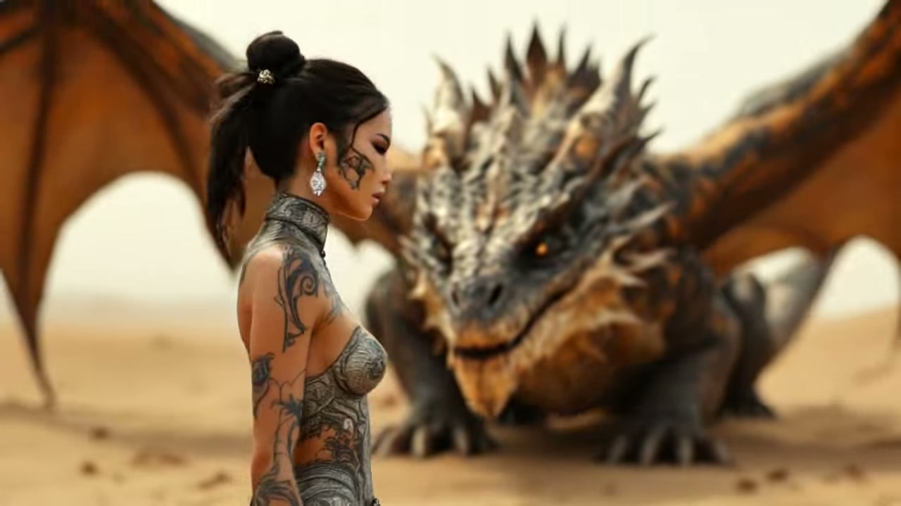Intricately tattooed female fantasy warrior stands face-to-face with a large spiked winged dragon...