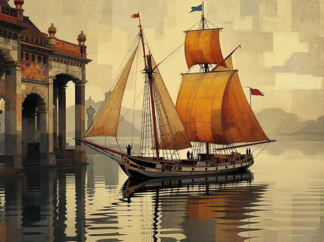Painterly scene of historic tall ship with golden sails floating on calm water beside an ornate s...