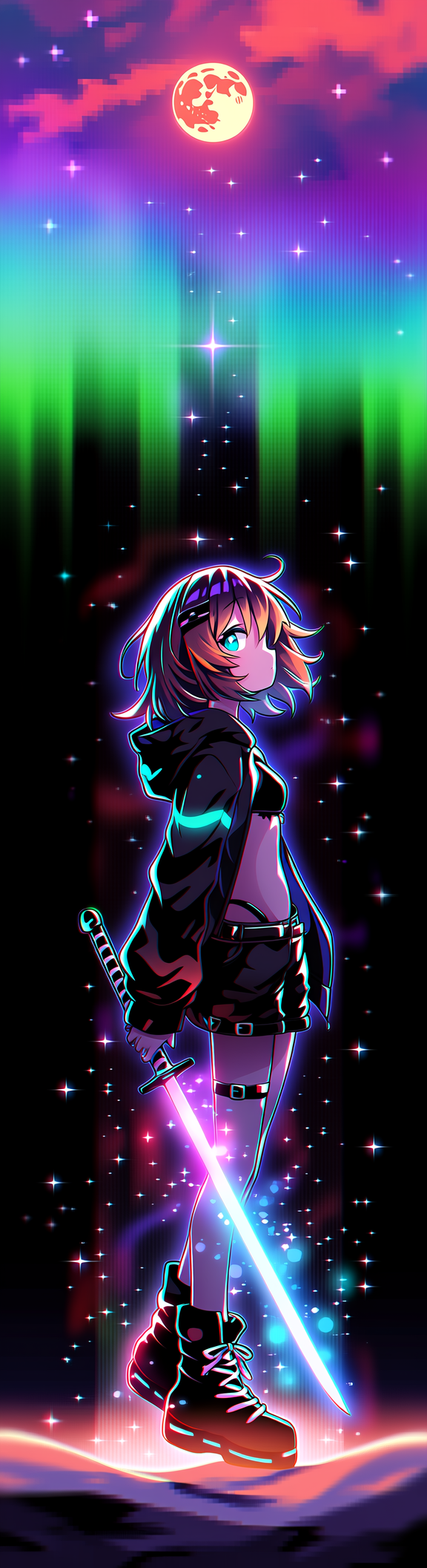 Anime-style girl with a glowing blue sword under neon auroras and a full moon.