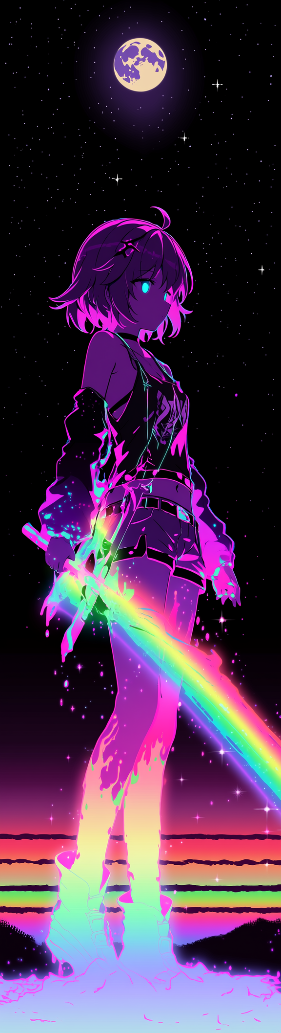 Neon anime girl with a glowing rainbow sword in a starry night under a full moon