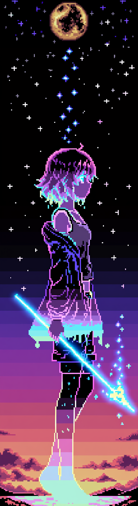 Pixel art girl with a glowing blue sword under a starry night sky and a glowing moon