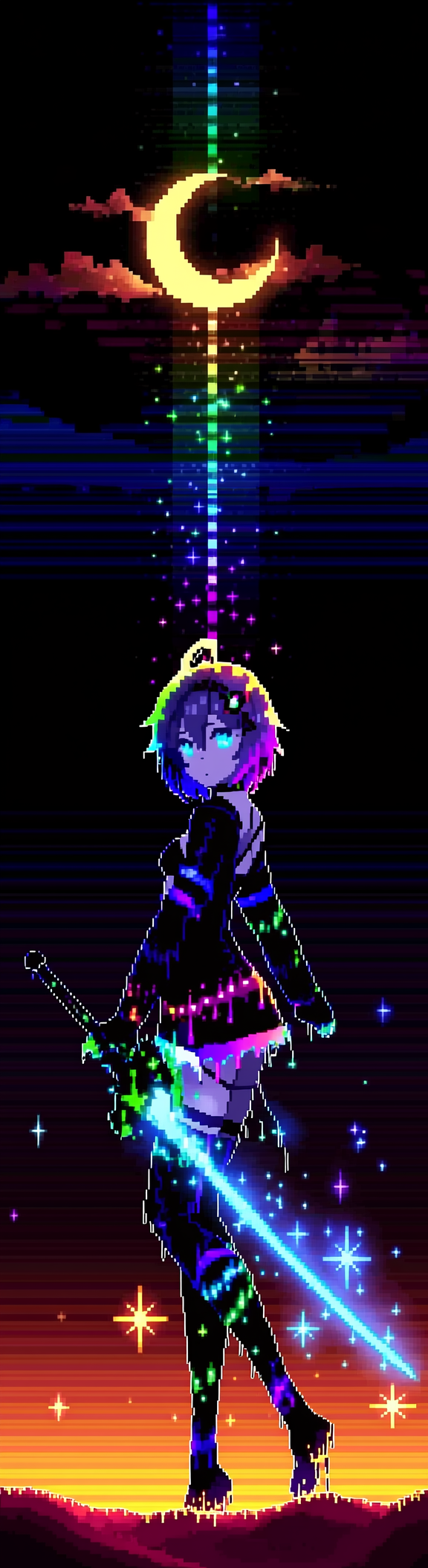 Pixel-art anime girl with a glowing rainbow sword beneath a crescent moon and neon vertical beam.