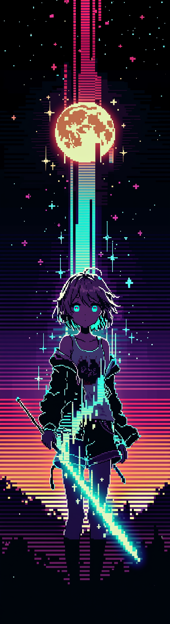 Neon pixel-art girl with glowing sword under a large moon and starry, gradient sky.