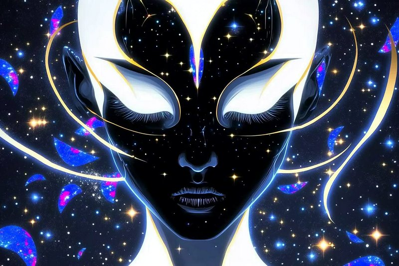 Abstract futuristic portrait of a dark-skinned figure with cosmic stars and neon gold accents.