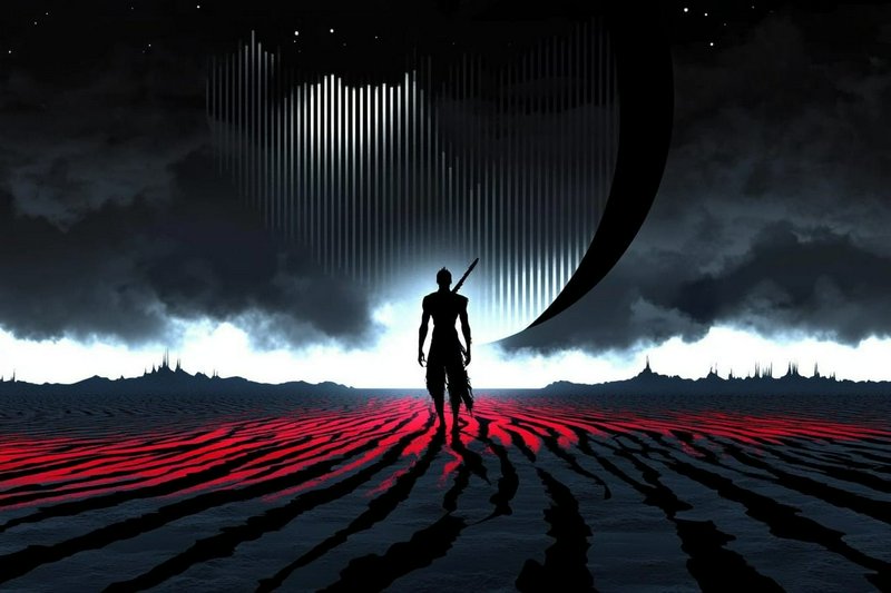 Silhouette of a lone warrior on a neon red striped desert beneath a giant crescent and dark stormy sky.