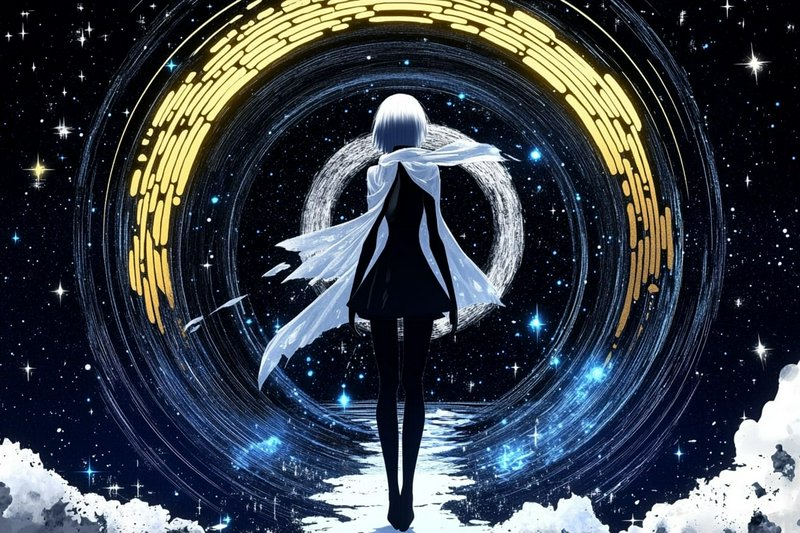 Anime-style girl with white hair and cape standing on a snowy path, facing a glowing cosmic vortex in space.