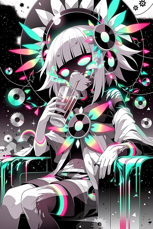 Anime-style cyborg girl with neon petals and glowing eyes, sipping a drink among floating gears.