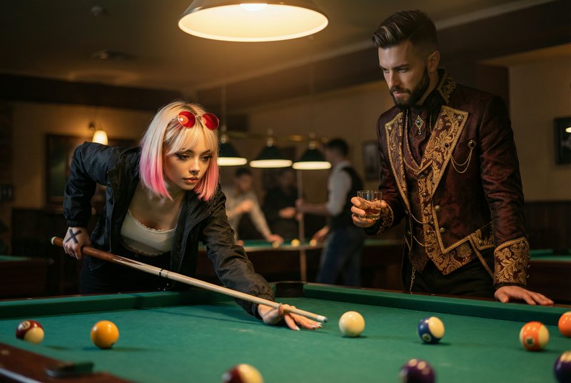 Young woman with pink hair lining up a pool shot at a green billiards table as a man in ornate burgundy suit watches.