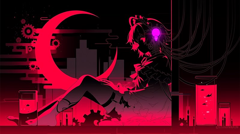 Stylized pink neon anime girl sitting among gears and a city silhouette under a crescent moon.