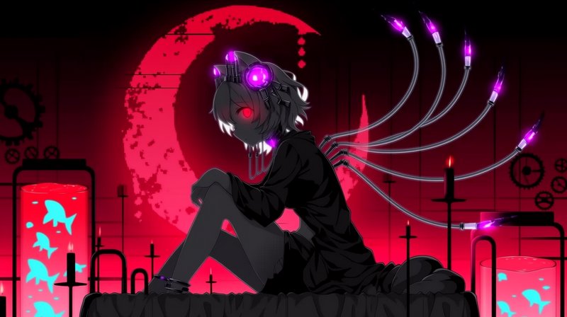 Dark cyberpunk anime girl with glowing purple cables and headset, sitting against a neon red background.