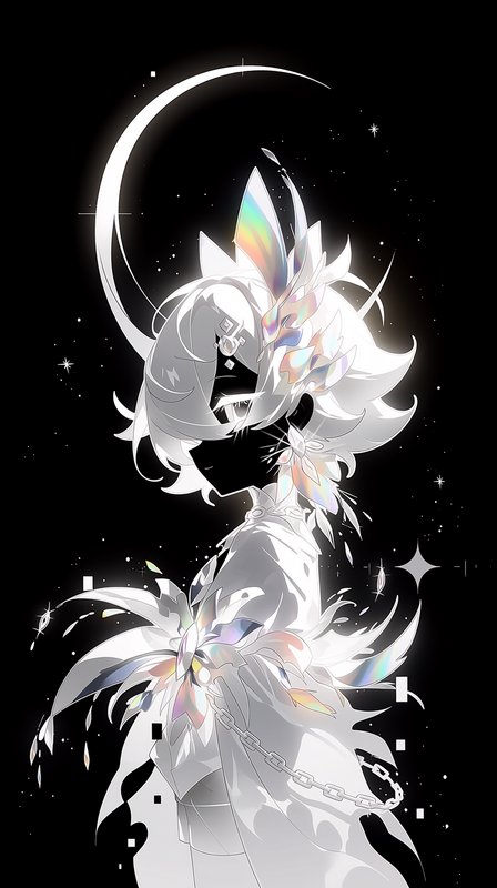 White-haired, crystal-winged anime figure in a mystical moonlit scene with sparkling stars.