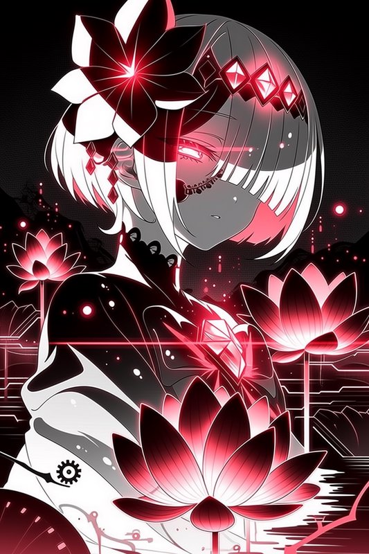 Anime-style girl with white hair and glowing red lotus flowers around her, neon pink accents.