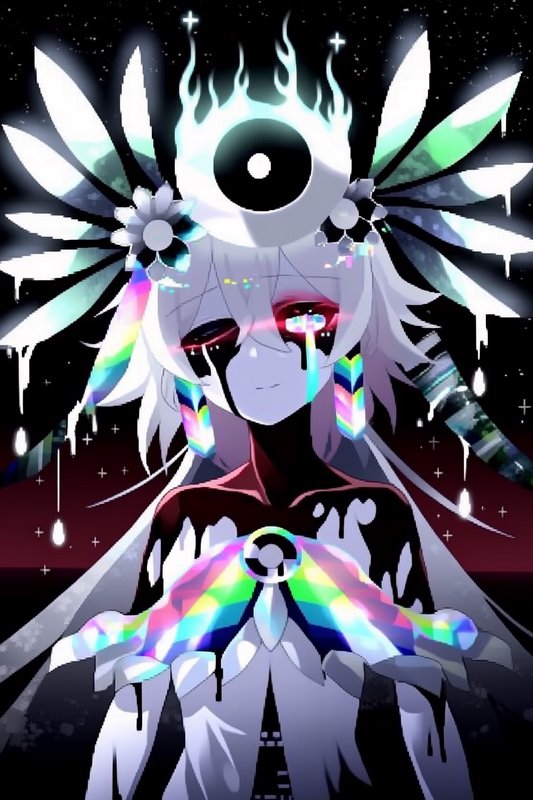 Anime-style character with a large single eye crown, rainbow drips, and wings against a starry, cosmic background.