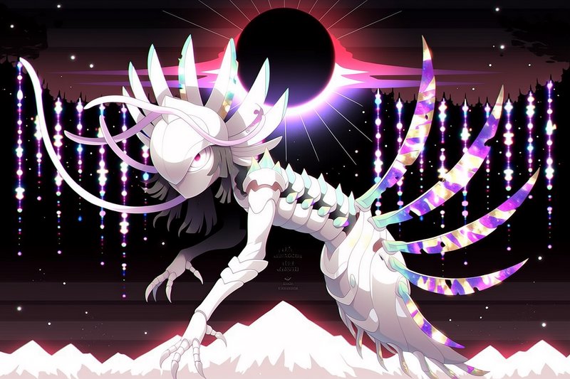 White armored dragonlike creature with iridescent fins amid a cosmic eclipse and neon-lit mountains.