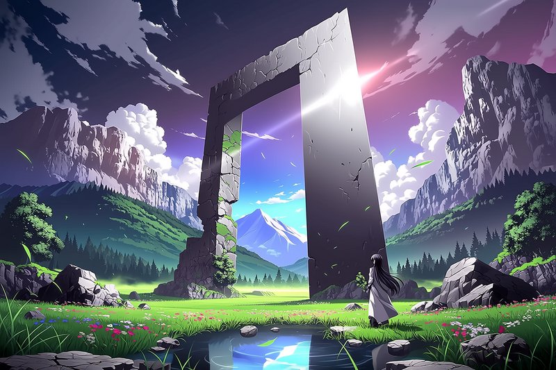 A giant cracked stone portal in a lush valley with mountains and a girl in white nearby.