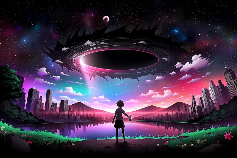 Silhouette of a girl facing a glowing cosmic ring hovering above a neon city at sunset.