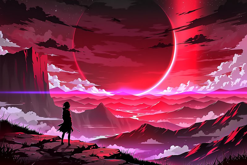 Silhouetted figure overlooking a neon red-pink alien landscape with a giant crescent planet.