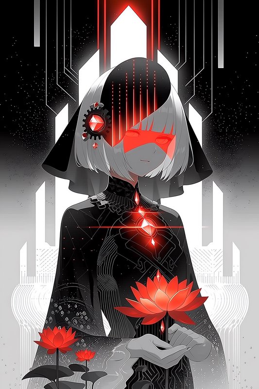 A futuristic, grayscale anime-style character with a red visor and lotus flowers against a high-tech geometric backdrop.
