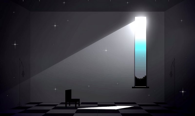 A minimalist dark room with a lone chair, checkered floor, and a tall narrow window streaming a bright light.