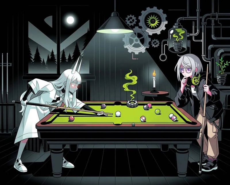 Two eerie white-haired characters play pool in a dark, steampunk lab with gears and pipes, under a hanging lamp.