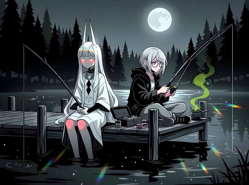 Two anime-style characters on a wooden pier fishing at night under a full moon.