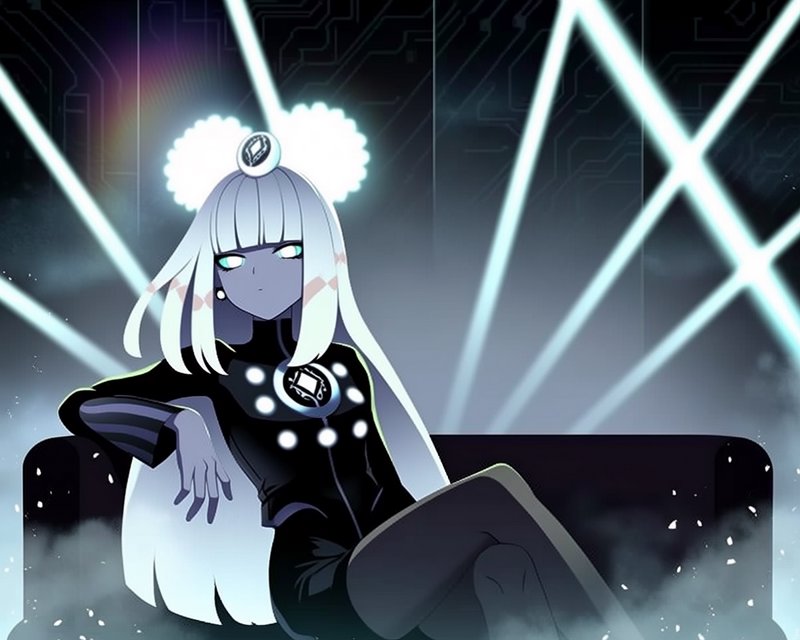 Stylized anime character with blue skin and white hair sits on a couch under neon laser lights.