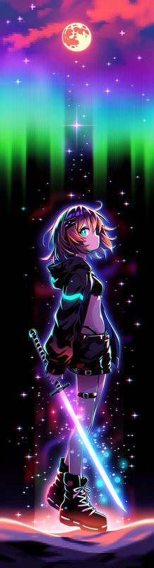 Anime-style girl with a glowing blue sword under neon auroras and a full moon.
