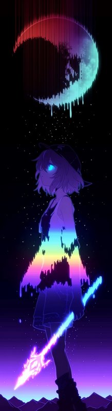 Neon-lit silhouette of a girl with a rainbow aura and glowing sword under a starry sky.