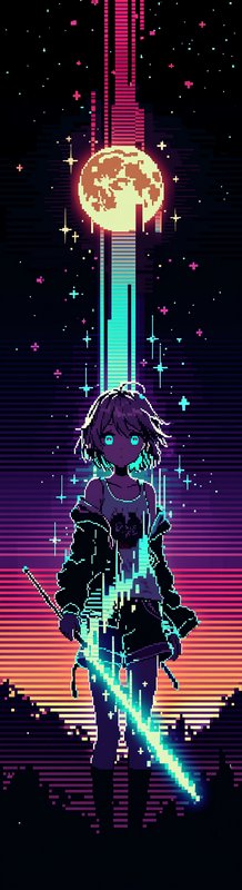 Neon pixel-art girl with glowing sword under a large moon and starry, gradient sky.