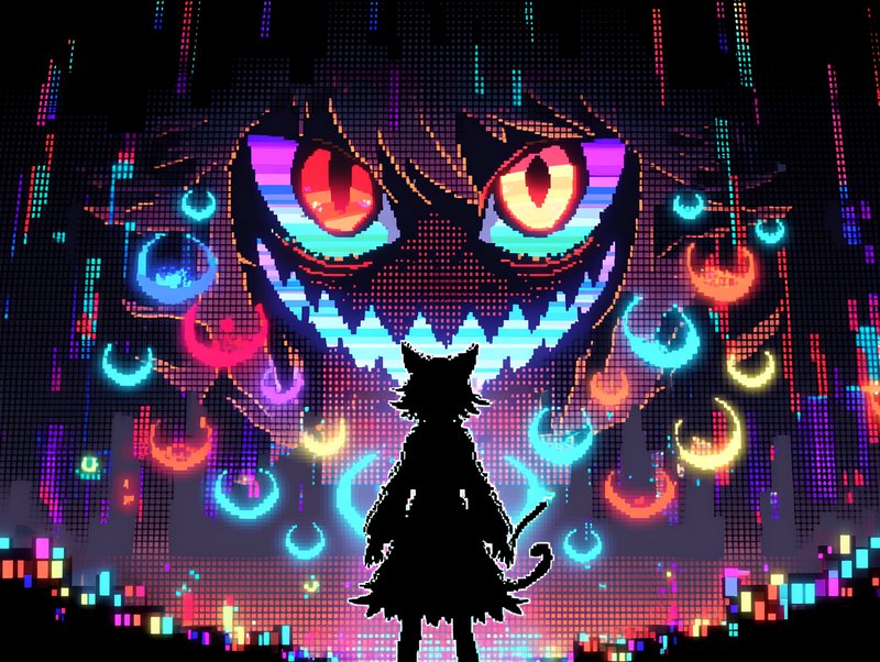 Silhouette of a cat facing a neon, monstrous pixel-art face in a vibrant cyberpunk scene.
