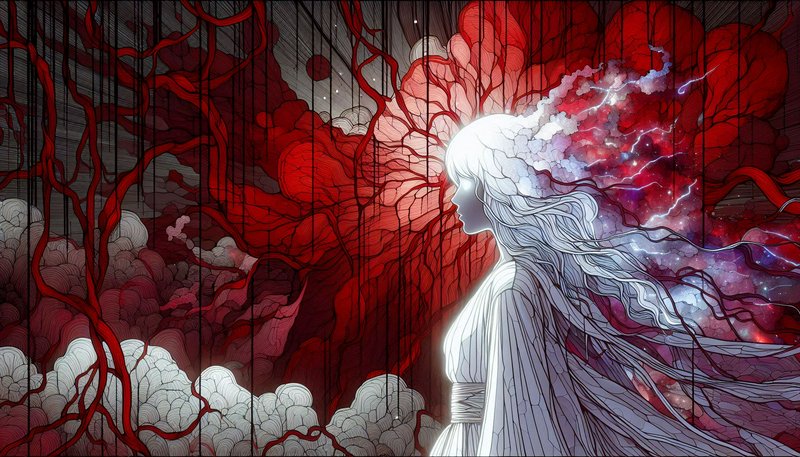 Ethereal white-haired woman in flowing robes amid red tendrils and cosmic energy in a surreal fan...