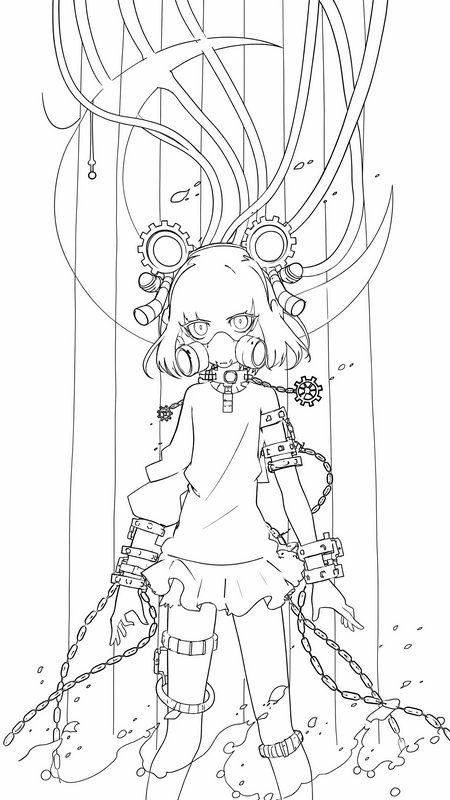 Monochrome line art of steampunk anime girl with gas mask, gear headpiece, chained restraints sta...