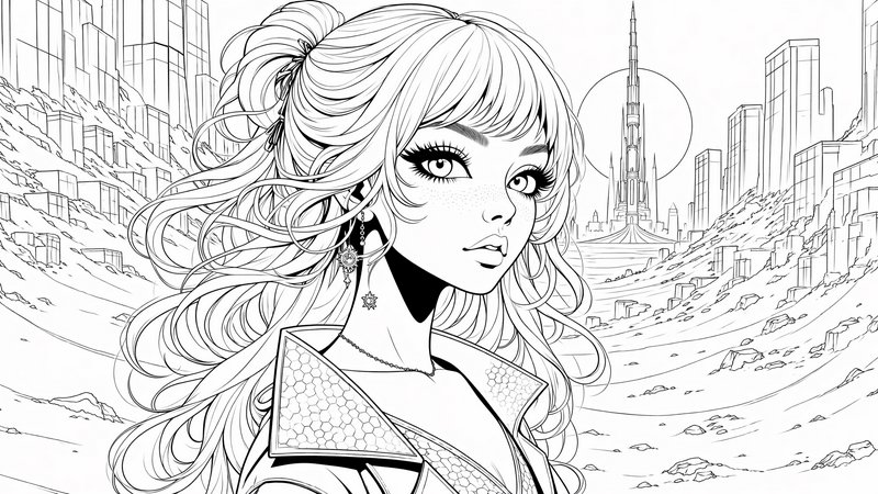 Line art anime portrait of a young woman, futuristic desert city backdrop, printable coloring page illustration