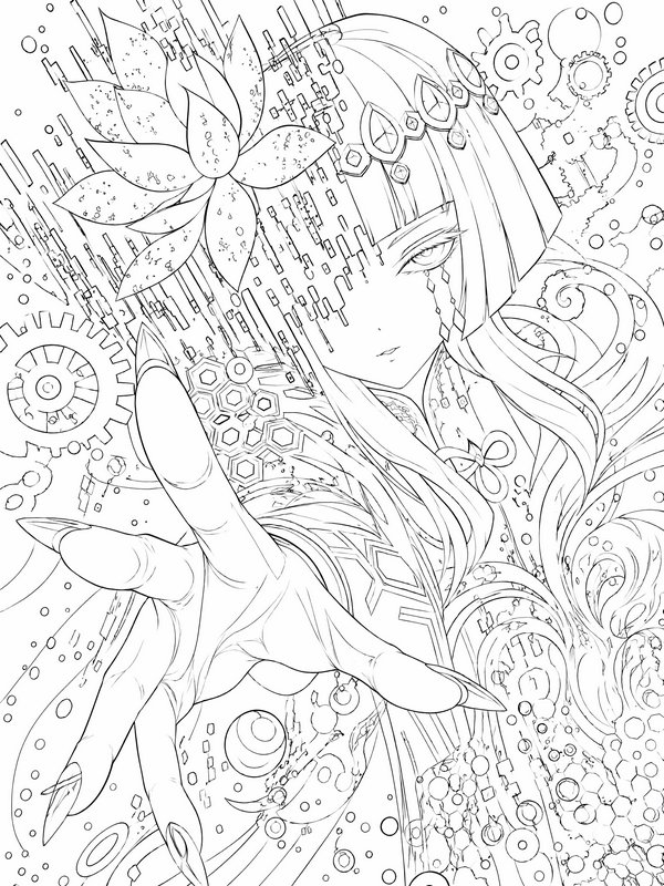 Intricate line art coloring page of a steampunk anime girl reaching out, surrounded by gears, cir...
