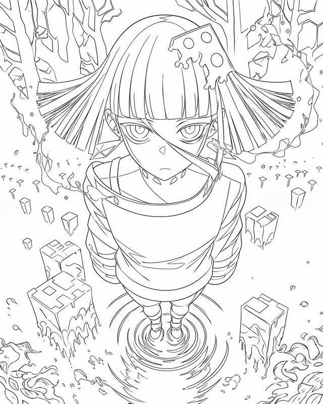 Black and white anime line art of a serious girl standing in rippling water, surrounded by floati...
