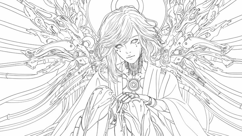 Line art illustration of a serene cyborg angel character with mechanical wings, halo, and clasped...
