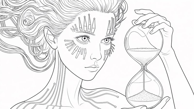 Line art coloring page of a futuristic cyborg woman holding an hourglass, with circuit facial det...