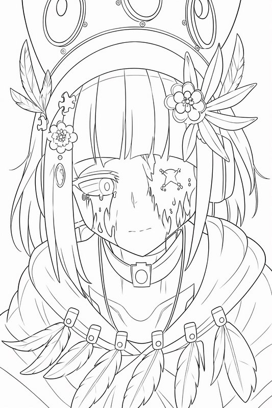 Close-up line art of melancholic anime cyborg girl with feather crown, tear streaks, and cracked ...
