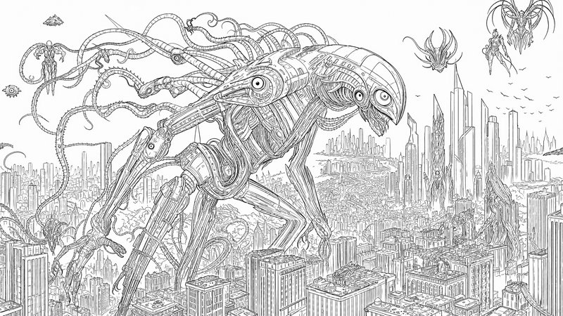 Intricate line art of a giant tentacled biomechanical alien towering over a futuristic city with ...