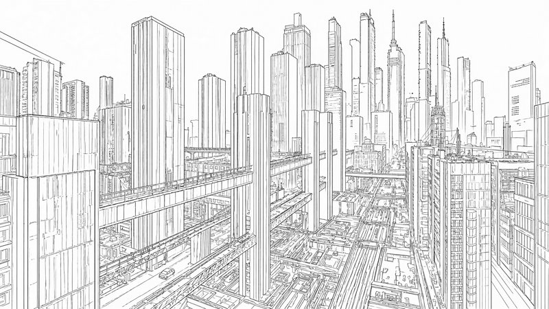 Monochrome line art sketch of a dense futuristic city skyline with towering skyscrapers and multi...