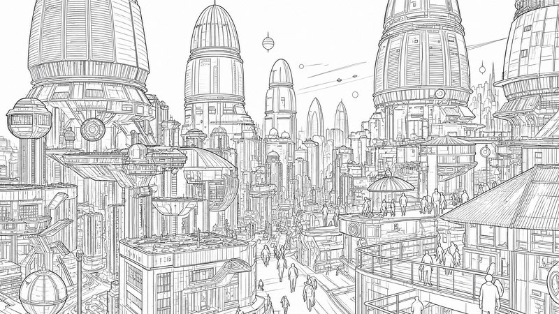 Black and white line art of a retro-futuristic sci-fi metropolis with domed skyscrapers, pedestri...
