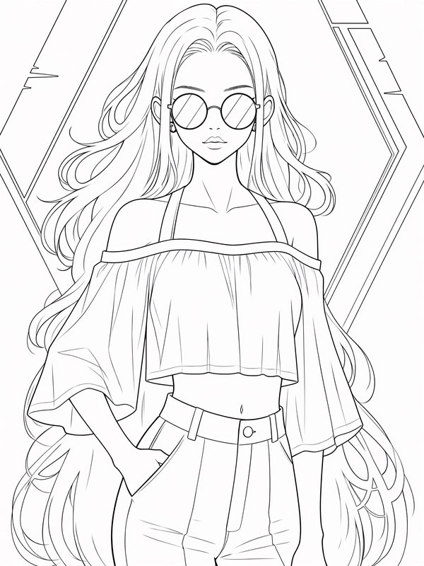 Printable line art coloring page of a stylish anime girl with round sunglasses, long wavy hair, a...