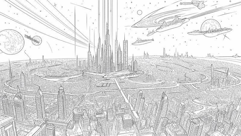 Monochrome line art of sprawling futuristic sci-fi city with spaceships, alien planets, and starr...
