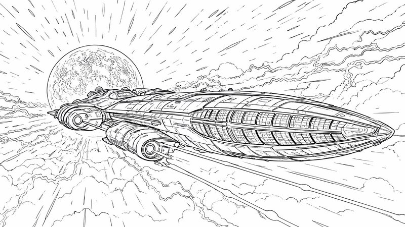 Line art of a detailed futuristic sci-fi starship speeding above clouds, with a distant alien pla...
