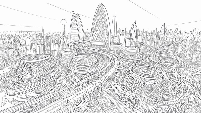 Line art sketch of a sprawling futuristic sci-fi city with winding elevated highways and distinct...