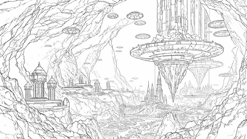 Black and white line art of a futuristic underground cavern city with floating flying saucers and...